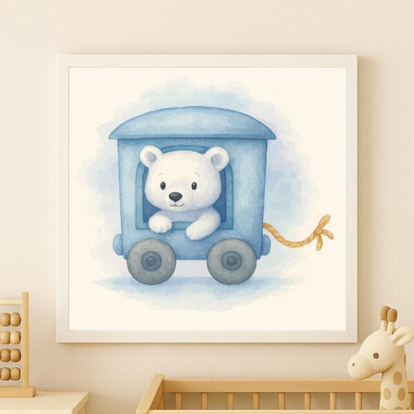 PolarBearWagon_promo2 watercolor polar bear train wall art printable arctic nursery decor animal train poster