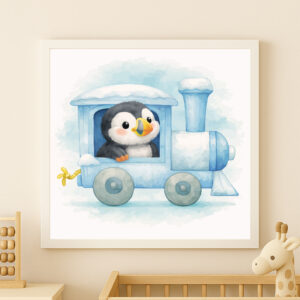 watercolor puffin train wall art printable arctic nursery decor animal train poster